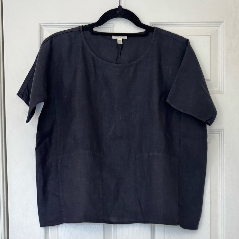 Eileen Fisher 100% Linen Boxy Short Sleeve Top with Front Pockets